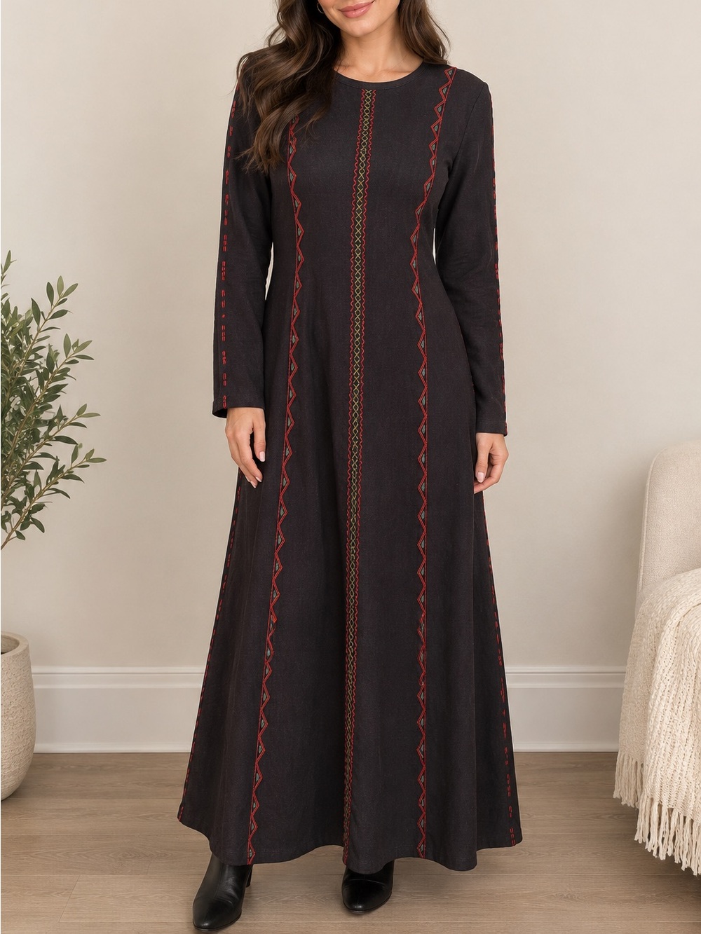 Peruvian Connection Long Sleeve Embroidered Maxi Dress 100% Pima Cotton Sz Large